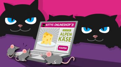 Zeichnung Katzen und Mäuse vor Laptop Weltverbrauchertag