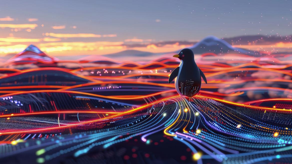 Schmuckbild: Digitale Landschaft mit fließenden Codesträngen und dem Linux Pinguin intergriert.