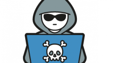 Grafik Person mit Hoodie und Sonnenbrille hinter Laptop mit Totenkopf