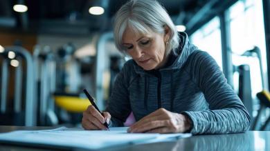 Ältere Frau unterschreibt Vertrag im Fitnesstudio