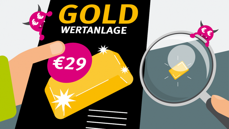 Grafik Flyer in Hand Gold mit wenig Geld anlagen plus Lupe