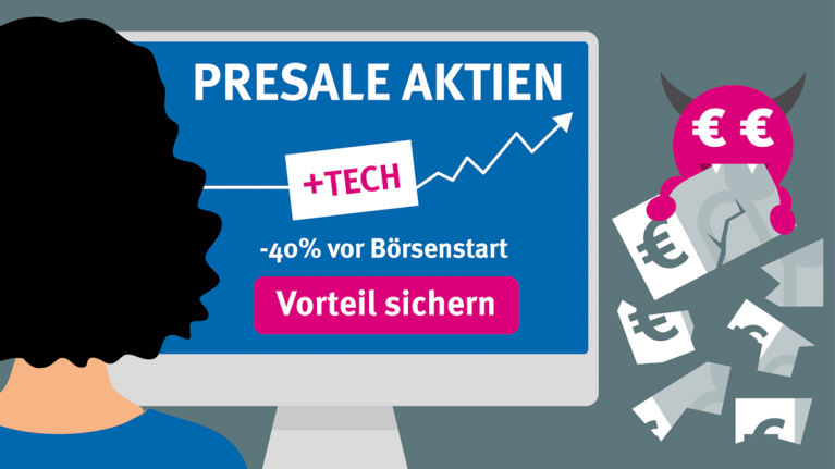 Grafik Frau vor Bildschirm. Text: Presale Aktien Vorteil sichern