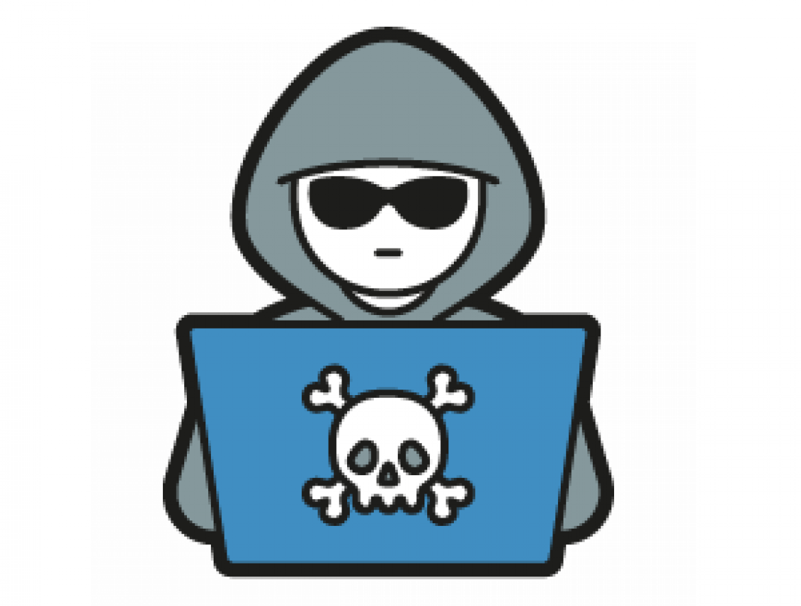 Grafik Person mit Hoodie und Sonnenbrille hinter Laptop mit Totenkopf