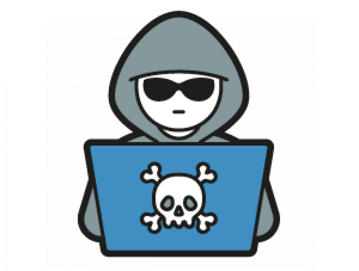 Gezeichneter Mensch mit Kapuzenpulli und Sonnenbrille hinter einem blauen Laptop mit Totenkopf