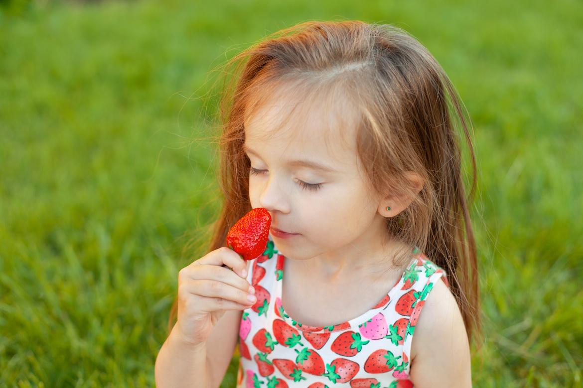 Mädchen riecht an Erdbeere, Kita auf Esspedition 2024
