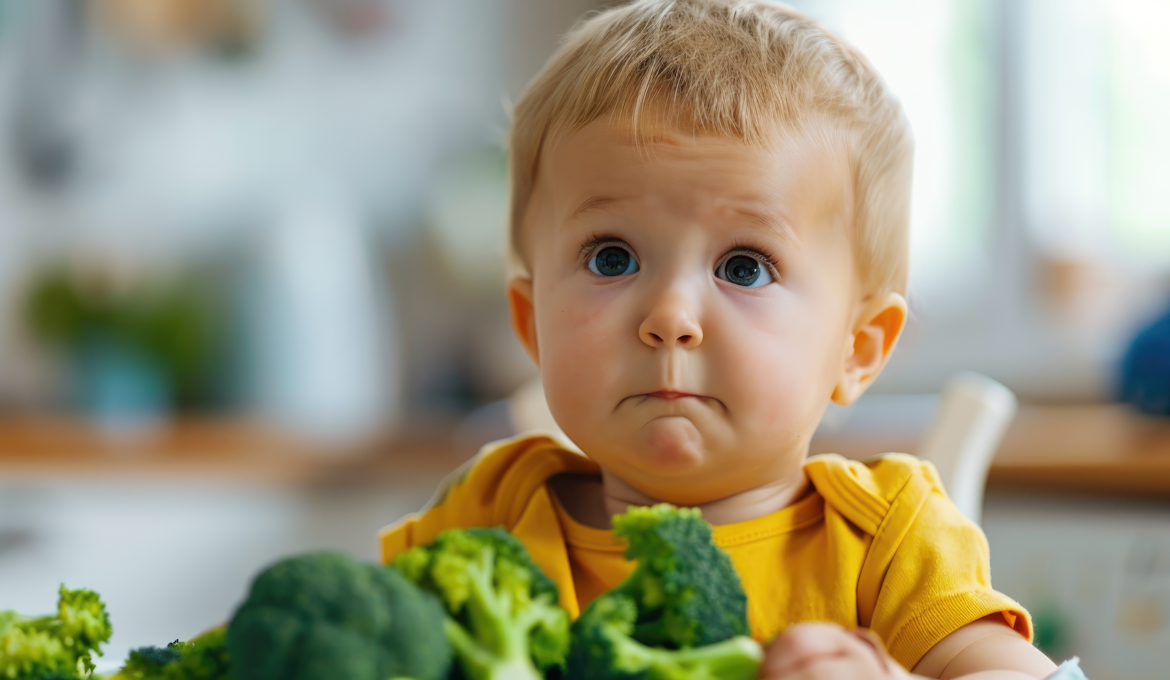 Kleines Kind verzieht Gesicht beim Brokkoli essen