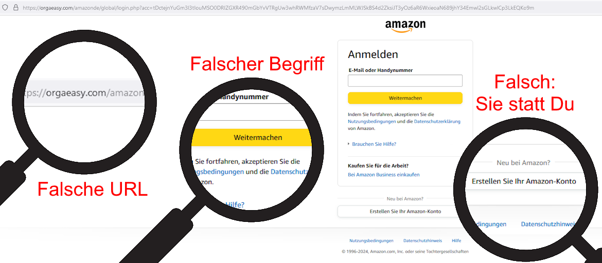 Foto zeigt eine gefälschte Amazon Anmeldeseite. Die Fehler sind grafisch mit Lupe hervorgehoben.