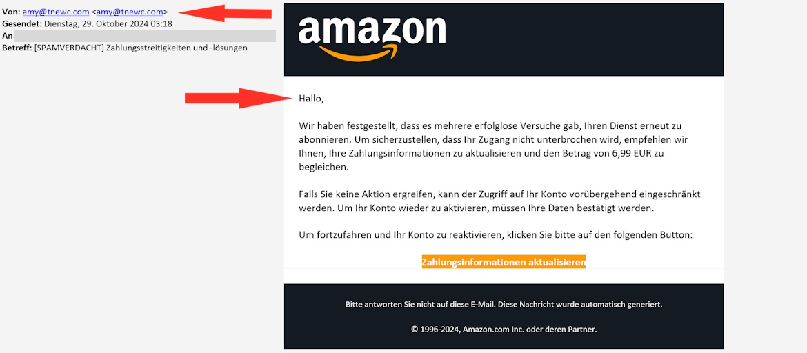 Screenshot der Phishing-Mail von Amazon bearbeitet mit Pfeilen auf unpersönliche Anrede und Absender