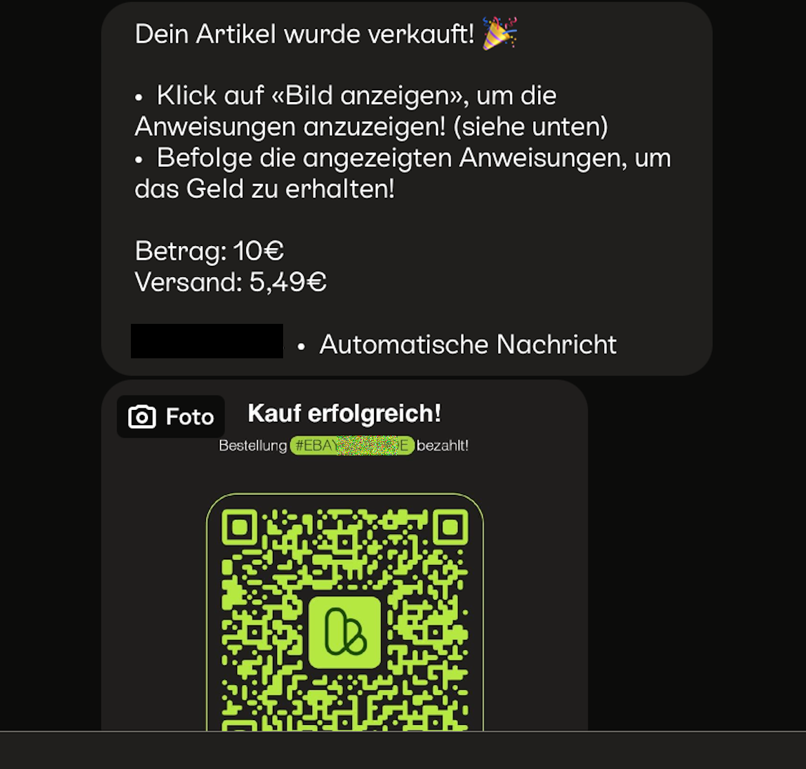 Chatverlauf eines Kleinanzeigenverkaufs, enthalten ist ein QR Code