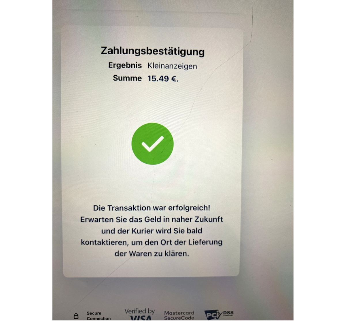 Screenshot einer angeblichen Zahlungsbestätigung eines Kleinanzeigenkaufs