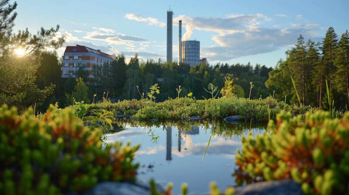 Teich mit Gebäude und Energieproduzent