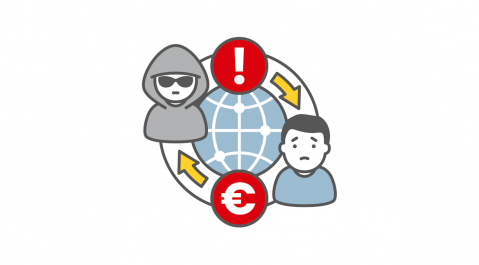 Zeichnung Mensch mit Hoodie und Sonnenbrille, Ausrufezeichen, Eurozeichen, Mensch mit blauem Schirt