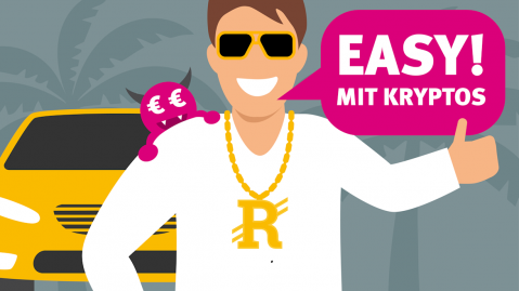 Grafik Mann mit Goldkette und Sonnenbrille sagt Easy mit Kryptos, Daumen hoch