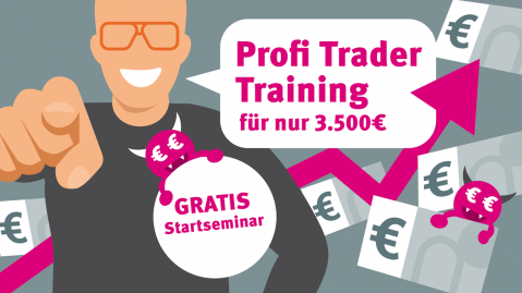 Grafik Person zeigt mit Daumen, Sprechblasen, Gratis Seminar und Profi Trader Training für 3.500 Euro